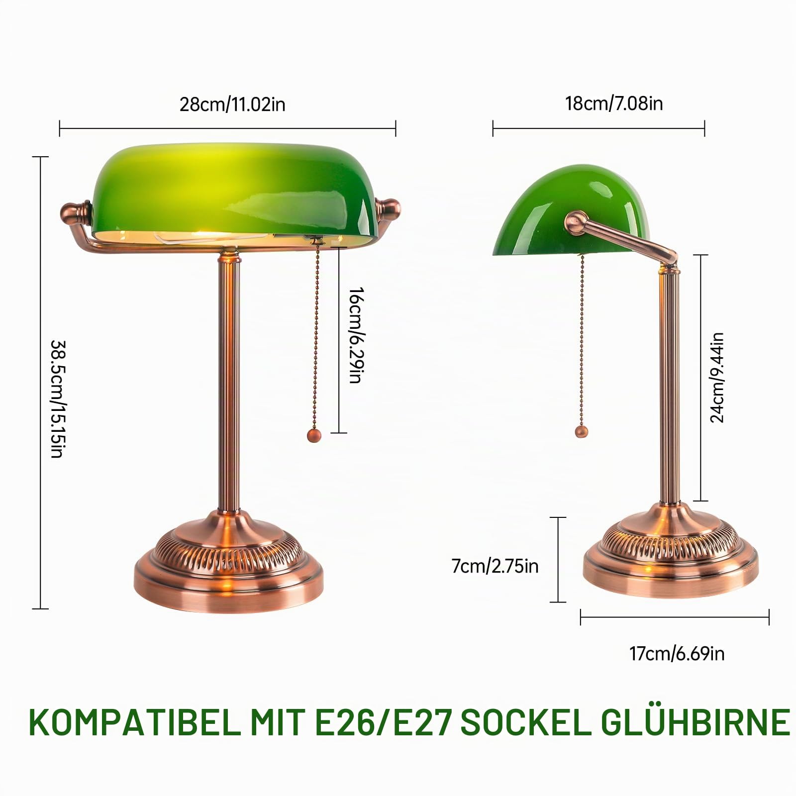 FIRVRE Banker-Schreibtischlampe, grüner Glasschirm, Vintage-Schreibtischlampe mit Zugkettenschalter, Retro-Tischlampen für Homeoffice, Bibliothek, Klavier