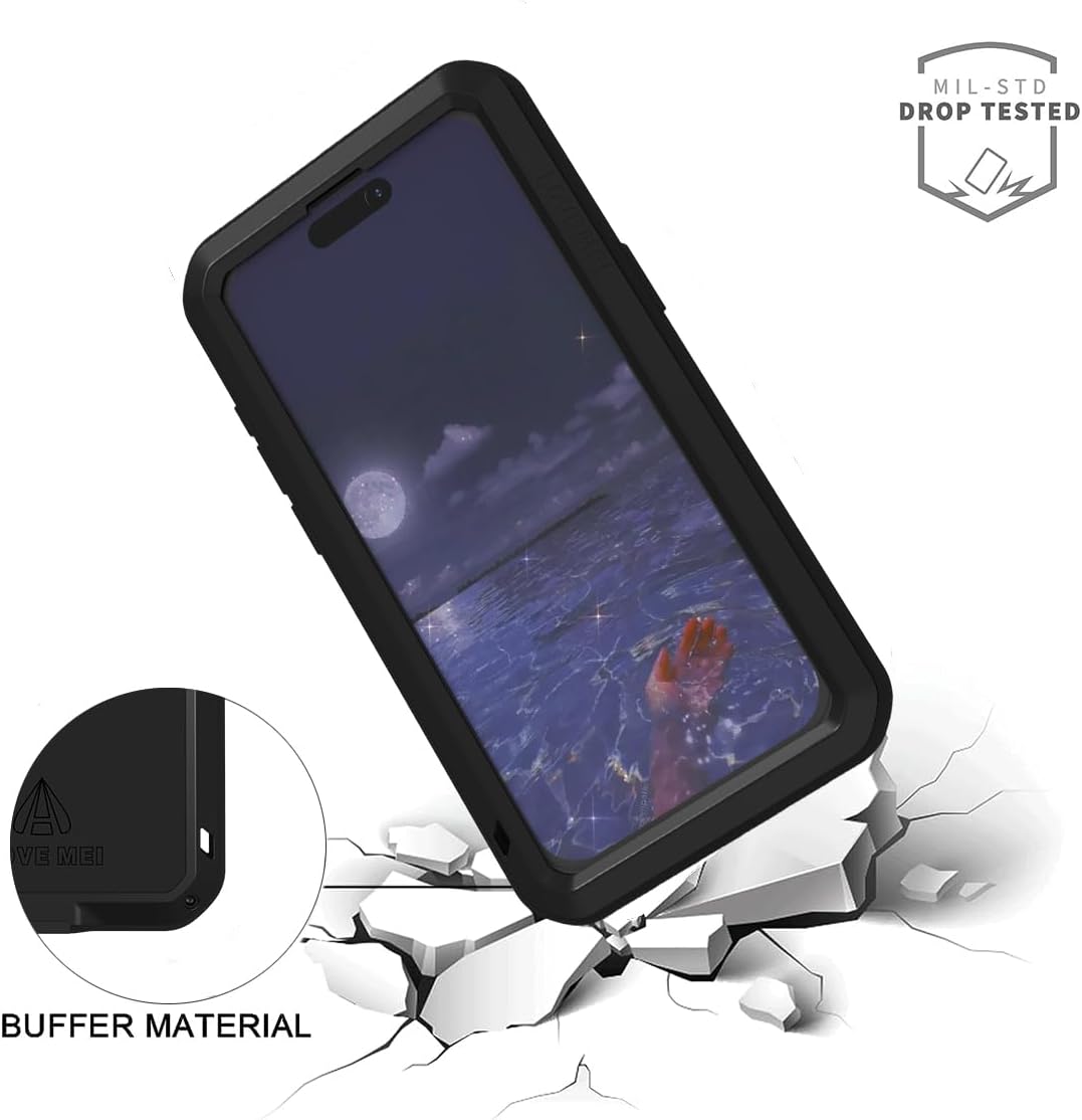 LOVE MEI for iPhone 15 Pro Max (6.7) Metal Case, Heavy Duty Metal Military Grade Shockproof Dustproof Full Body Case with Built in Tempered Glass Screen Protector for iPhone 15 Pro Max (Silver)