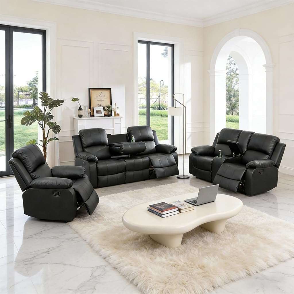 Manual Breathable Leather Recliner Sofa Set, 3-Piece Living Room Furniture with Drop-Down Table & Cup Holders, 3-Seat Sofa, Loveseat and Recliner Chair for Home Theater/Office