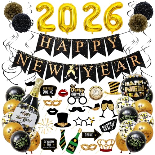 Decorações de ano novo 2026, decoração de ano novo, 2026 balões de alumínio gigantes, bandeiras Feliz Ano Happy New Year, balões pretos e dourados, decoração de festa de ano novo 2026