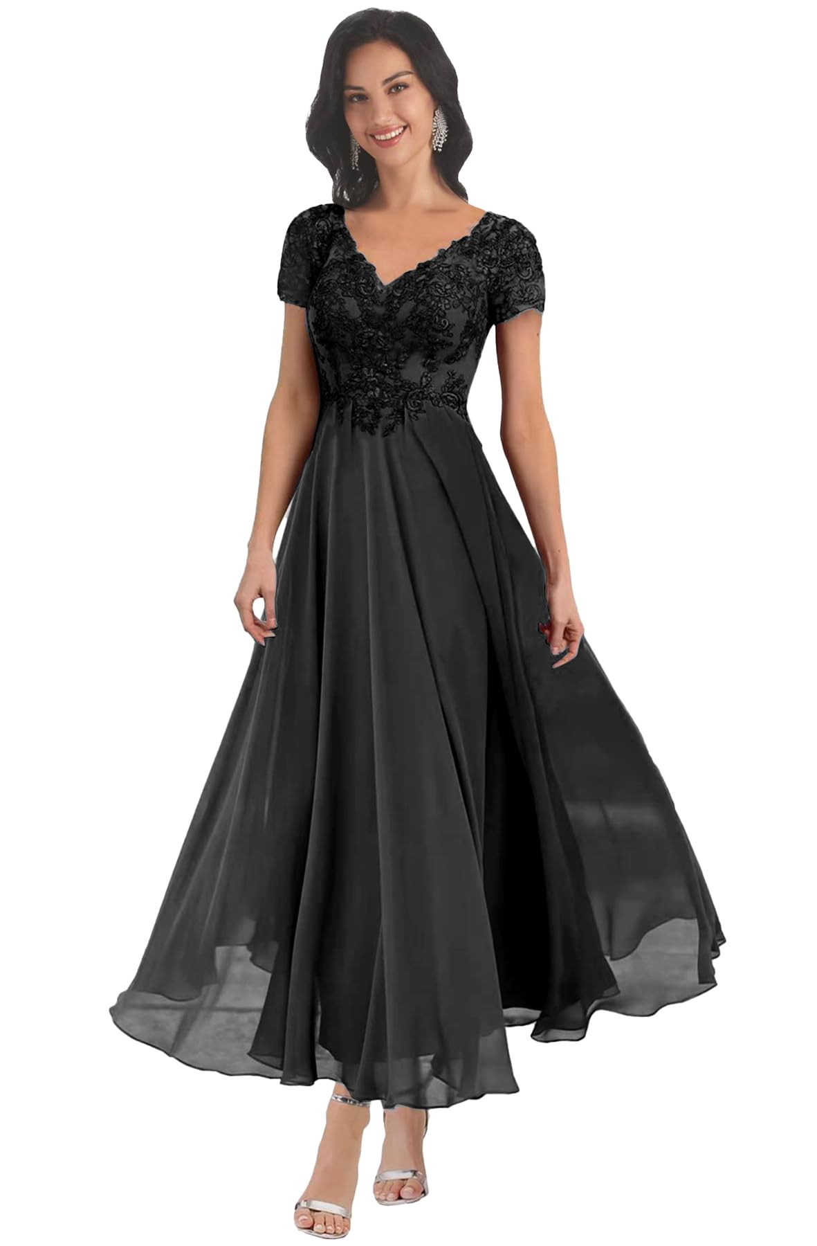 BONOYUER V Neck Mother of The Bride Dresses with Sleeves for Wedding Lace Applique Chiffon Long Evening Formal Gown