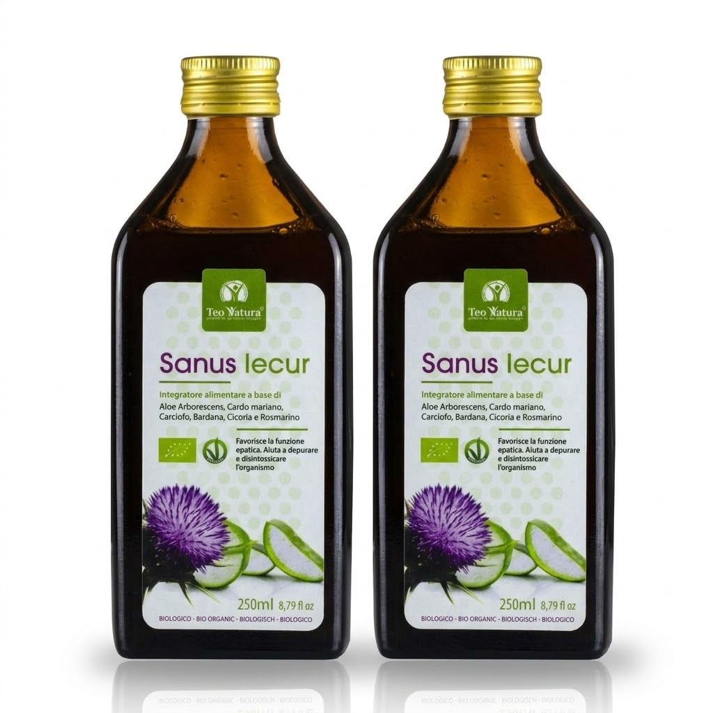 TeoNatura Sanus Iecur – Zumo Biológico Aloe Arborescens & Cardo Mariano | Depurativo, Digestivo, Bienestar Hepático | 6 Hierbas Bio, Vegano, Sin Gluten – 2x250ml Made in Sicily