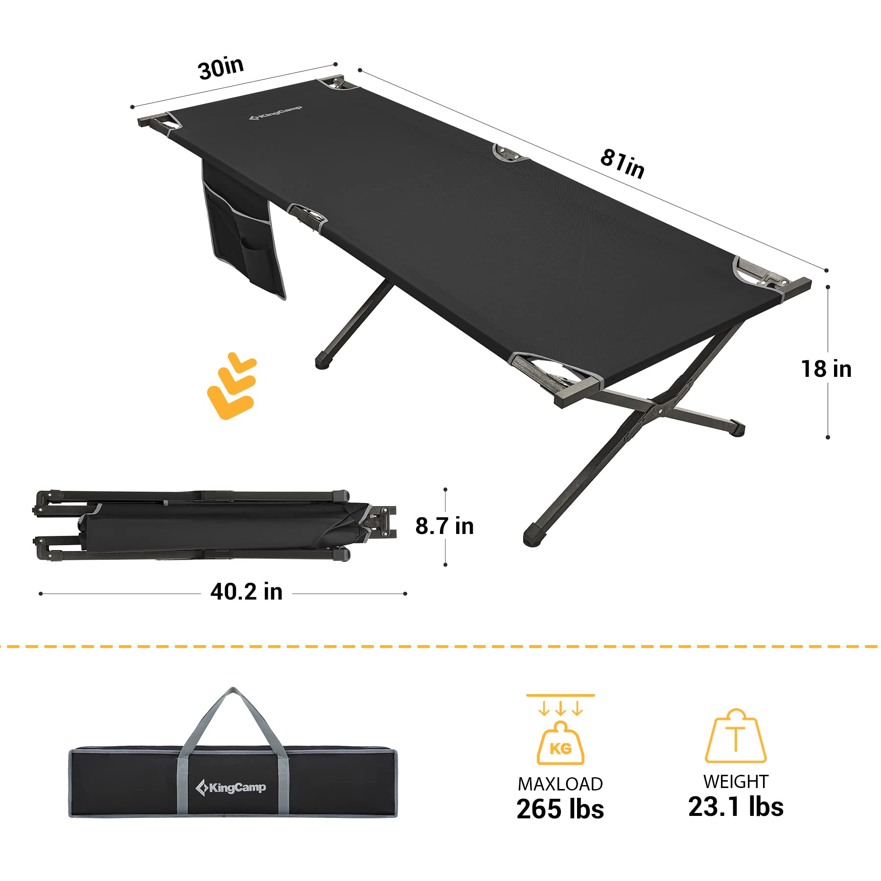 KingCamp Camping Cot Portable Sleeping Cot for Adults Heavy Duty 81