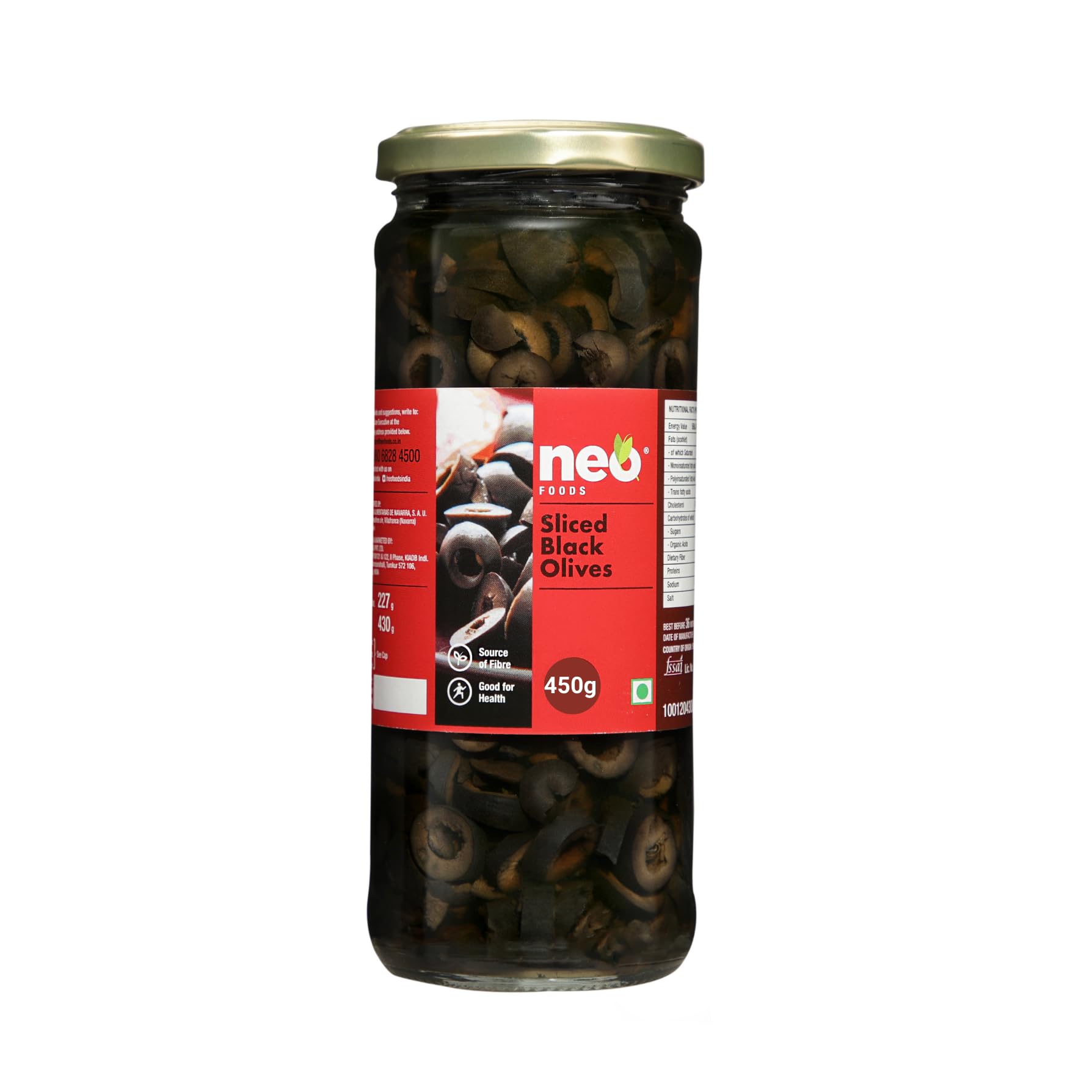 Neo Sliced Black Olives 450g l 1 Jar l Low Fat Ready-to-Eat Healthy Snack, Source of Fibre l Enjoy as Topping for Pizza & Pasta l 450g