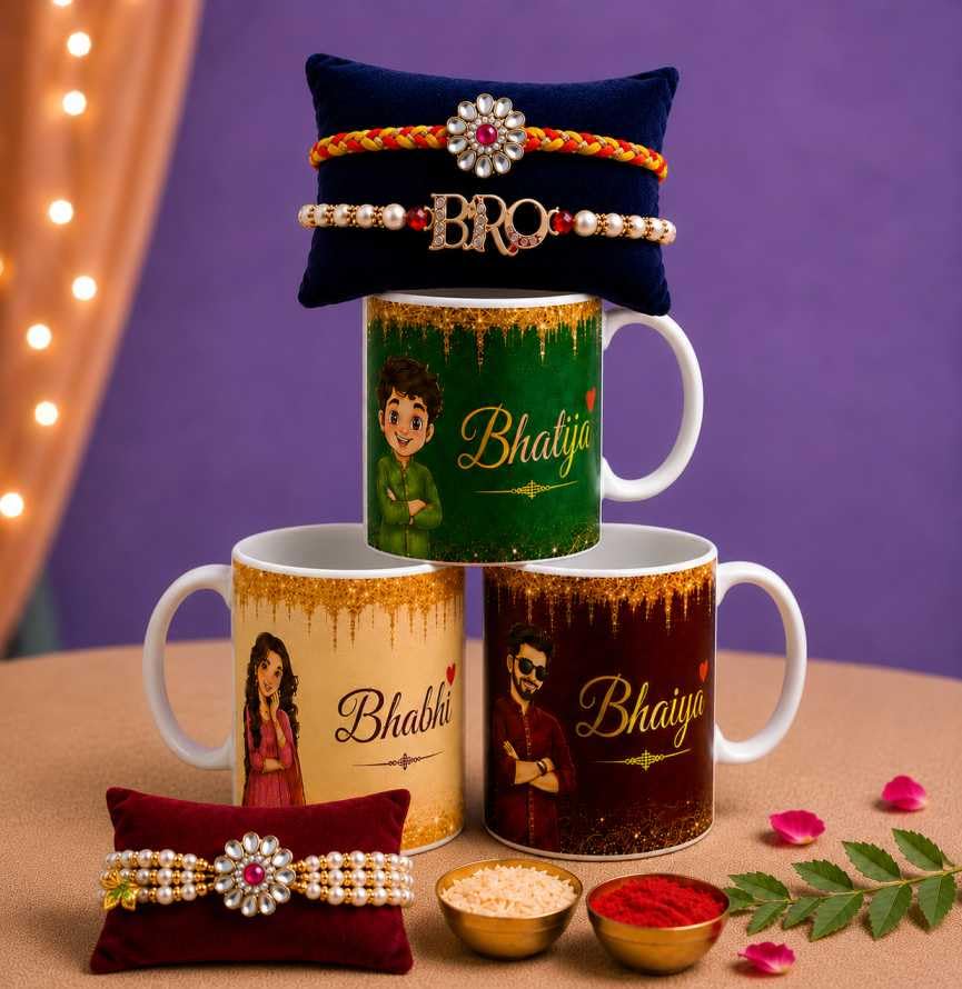Bhaiya Bhabhi Bhatija Mug with Rakhi Combo | 3 Premium Ceramic Coffee Mugs with Designer Rakhi & Bracelet| Raksha Bandhan Gift Hamper for Brother, Bhabhi & Nephew | Festival Gift Set-image-38