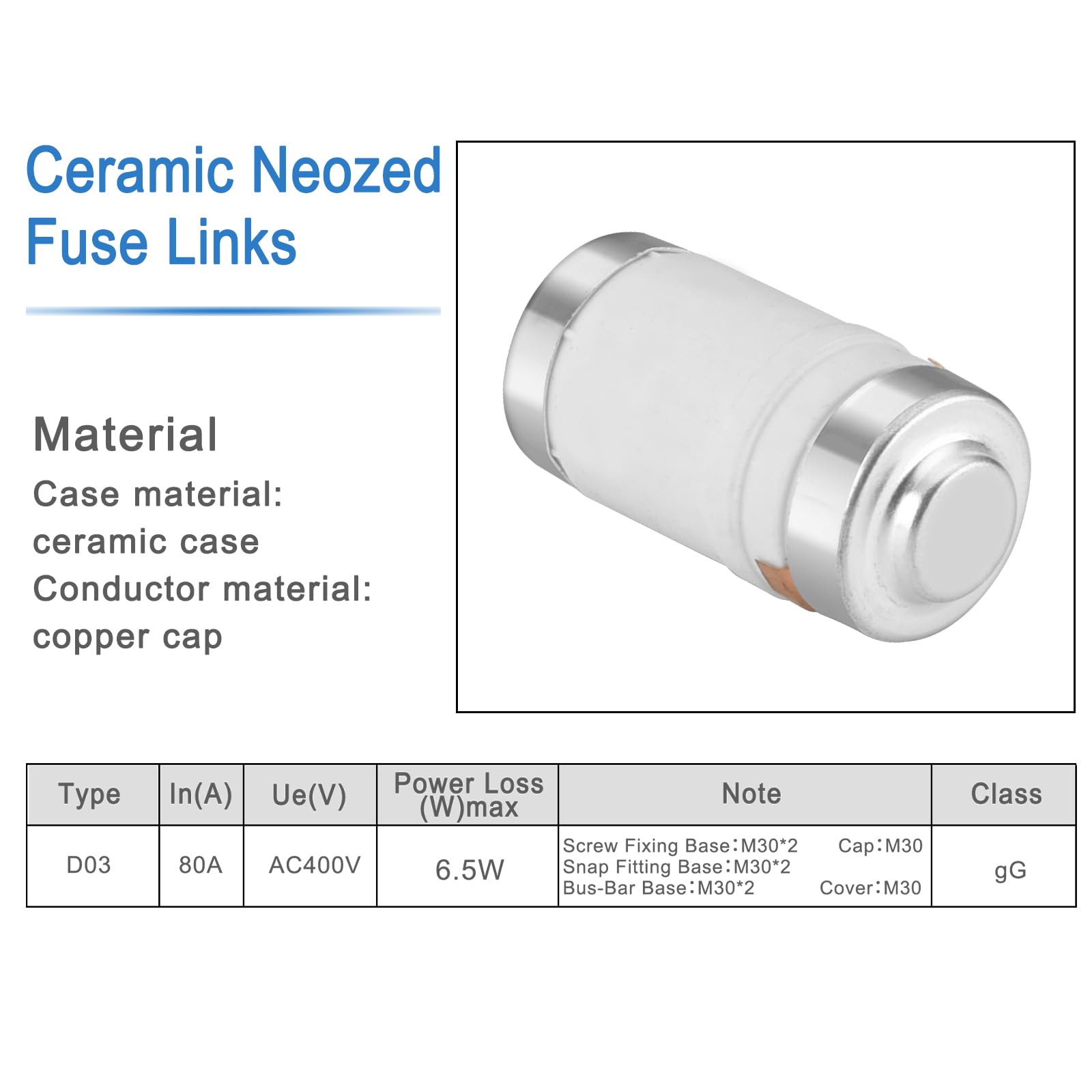 Heschen Eslabones fusibles cerámicos Neozed, eslabón fusible tipo D0, D03, 80A 400VAC, tipo gL/gG, 10 unidades