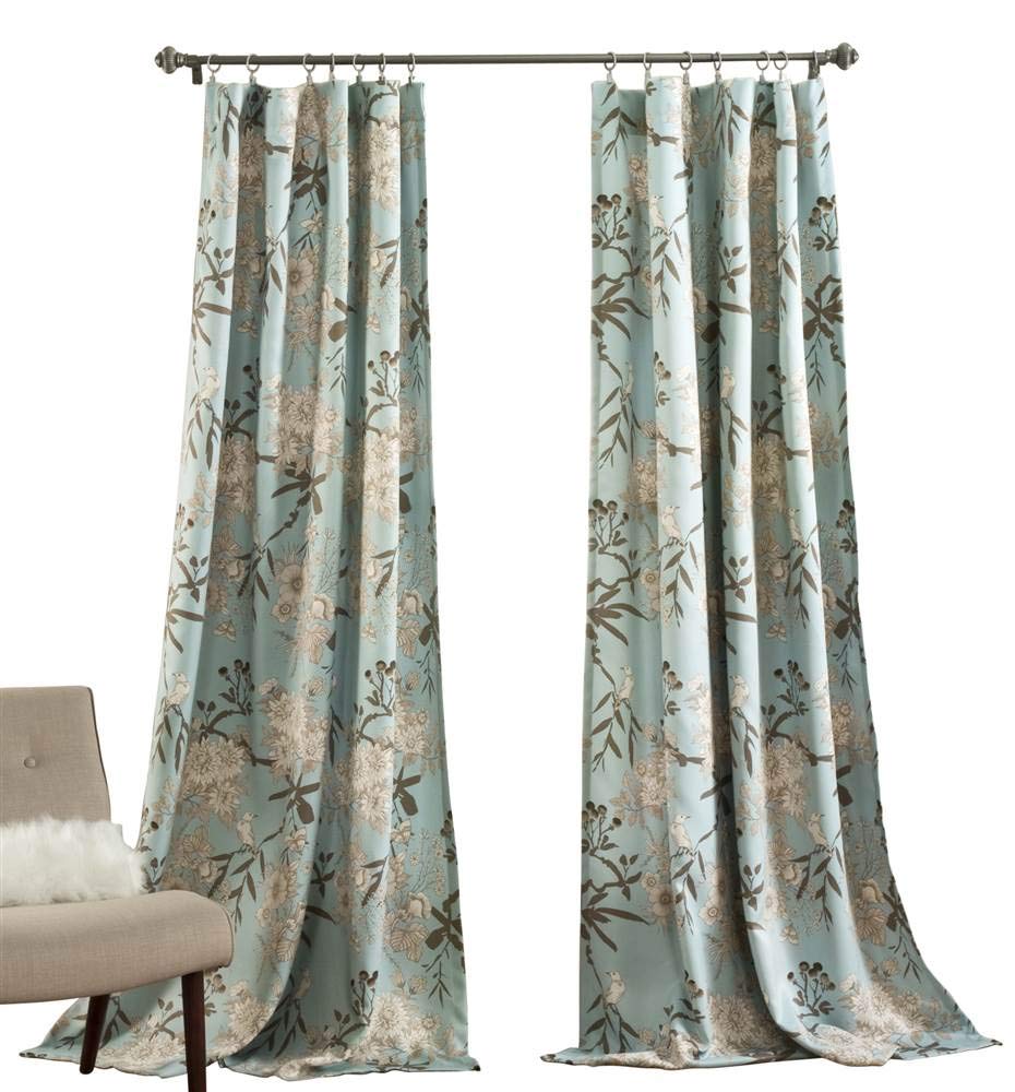 Lush Decor - Cortinas de jardín botánico con Estampado Floral de pájaros, filtran la luz, Juego de Cortinas para Sala, Comedor, Dormitorio (par), Azul, 132 cm de Ancho x 241,3 cm de Largo