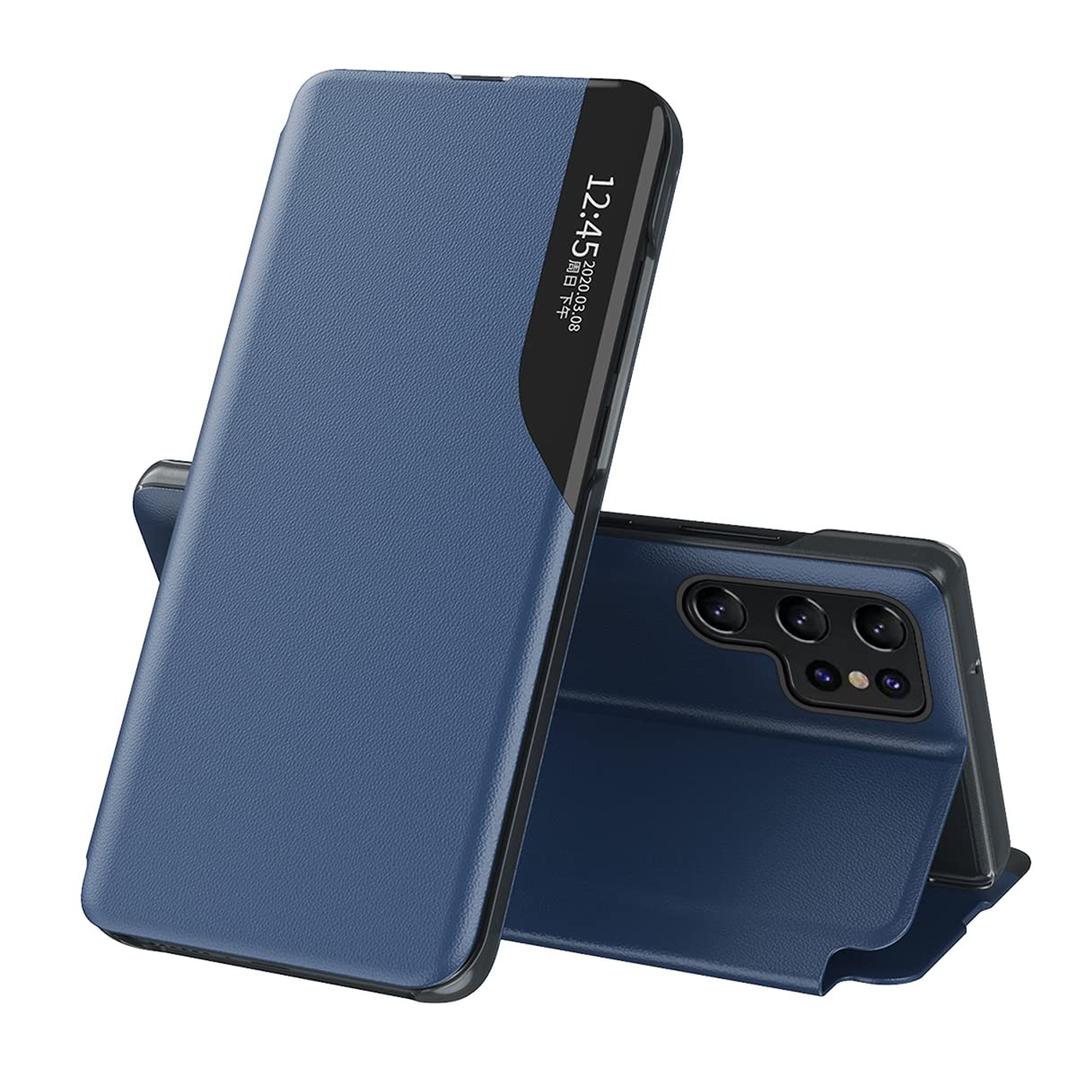 QIWEIQING Handyhülle für Samsung Galaxy S26 Ultra Hülle Klappbar, Luxus Dünn Spiegel Flip Leder Hard PC Stoßfest Hülle mit Ständer Klappbar, Hülle Windows Clear View für Galaxy S26 Ultra. Blue QH3