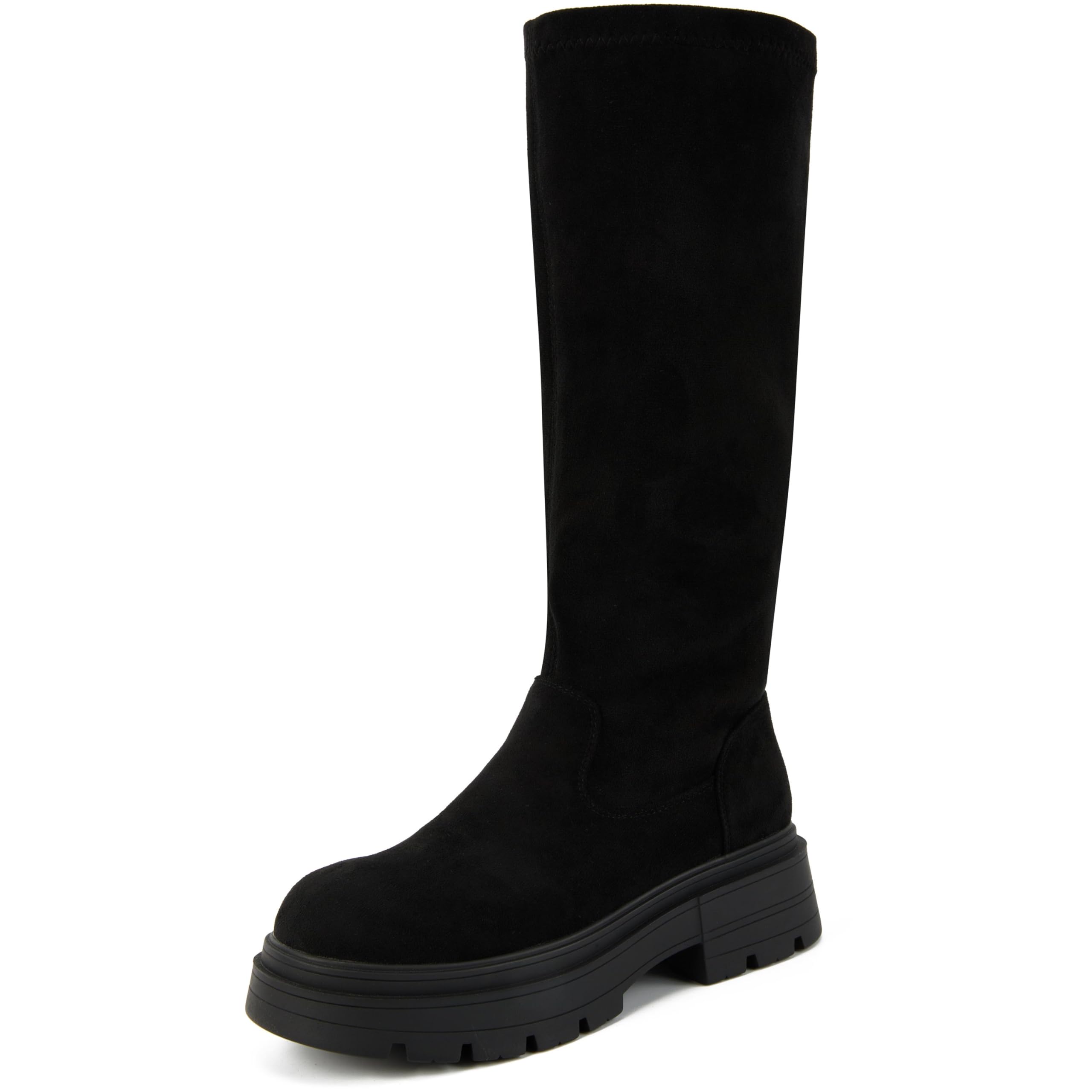 Putu Platform Knee High Boots for Women Faux Suede Tall Boots Lug Sole Knee Boots