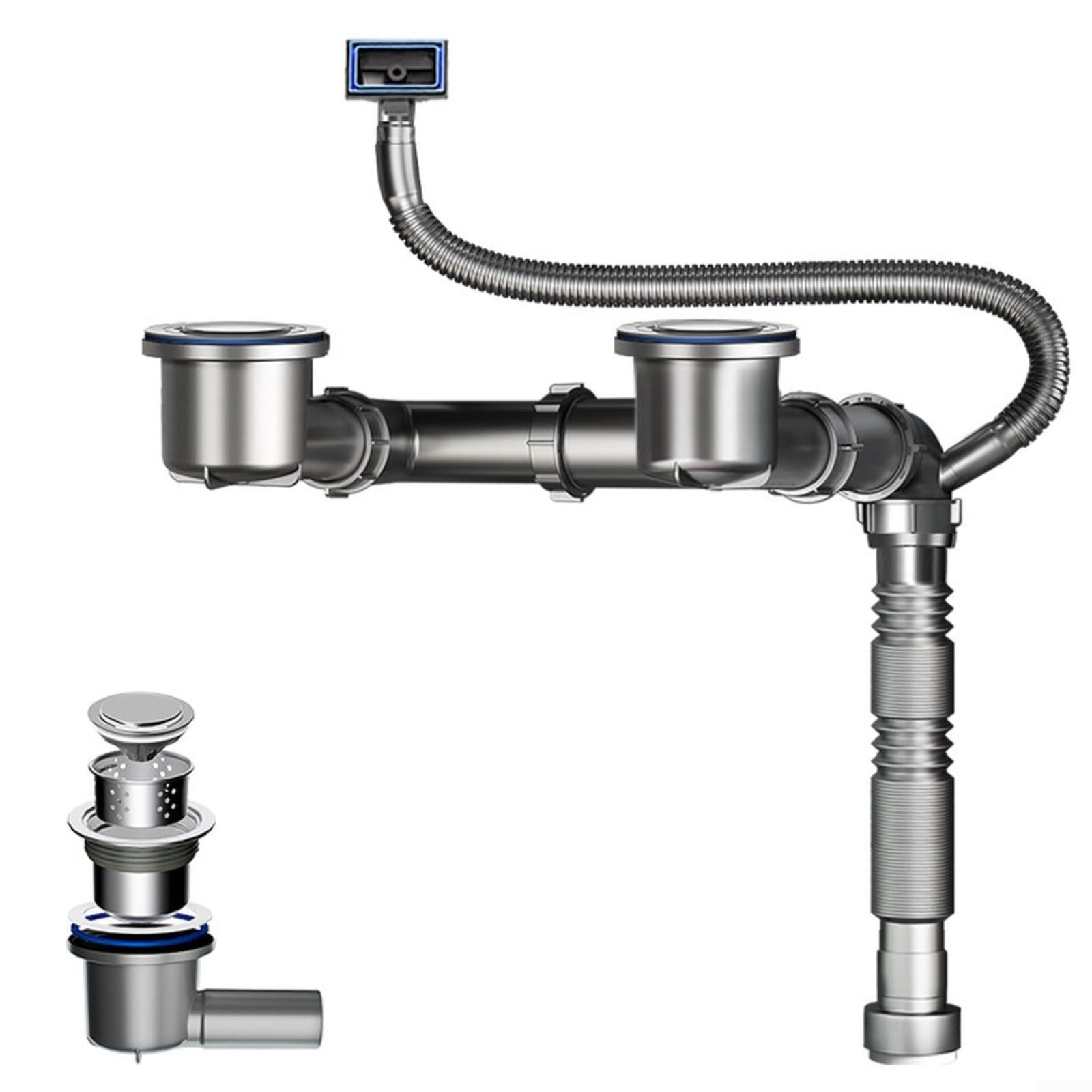 Kit de tubo de drenaje para fregadero de cocina con tapón de empuje, longitud ajustable de 280-1000 mm, válvula antiolor para fregaderos de doble tazón, acero inoxidable y plata PP (304)