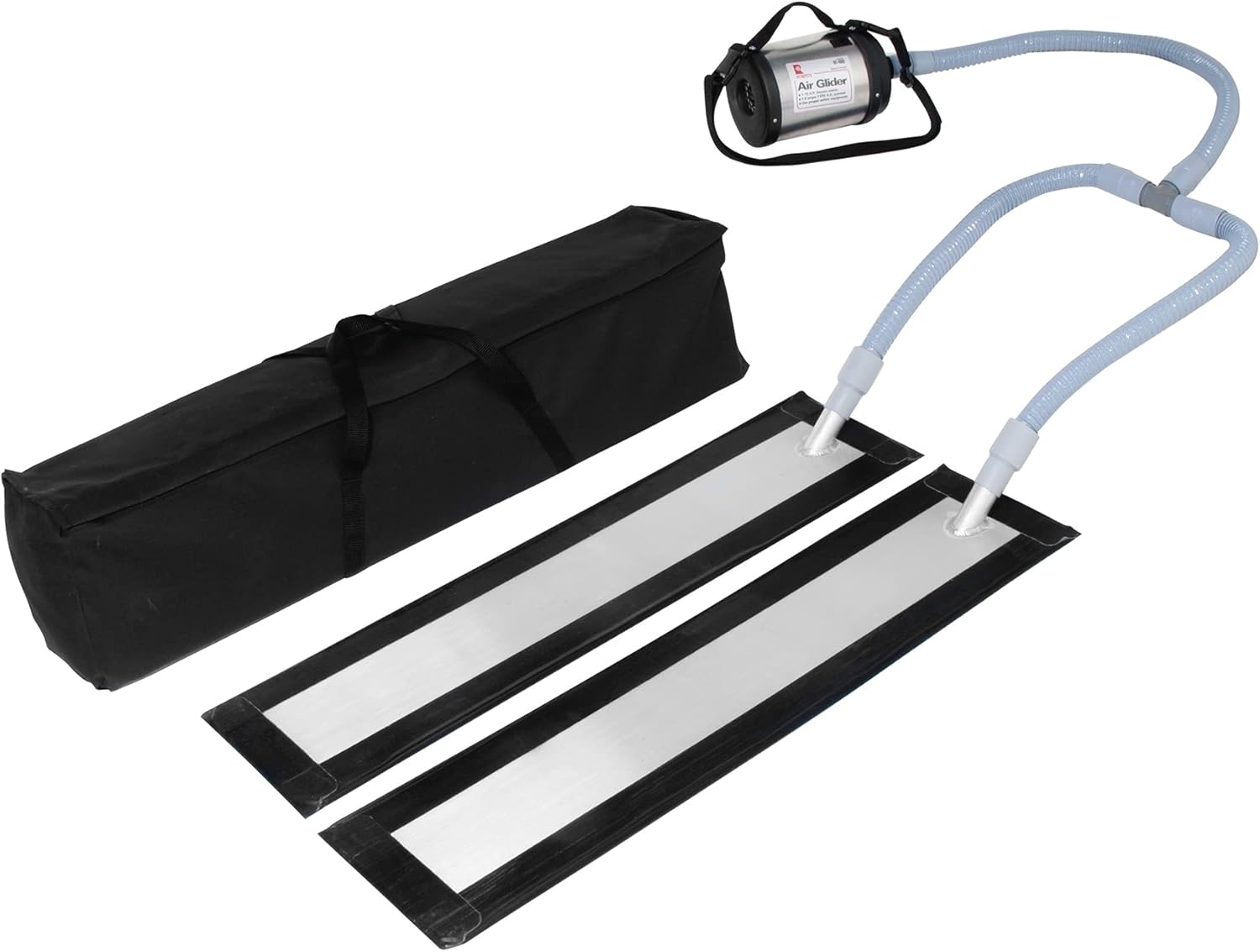 ROBERTS 10-480 Dual Air Glider components including the blower, air hoses, and two lifting platforms, alongside its carrying case.