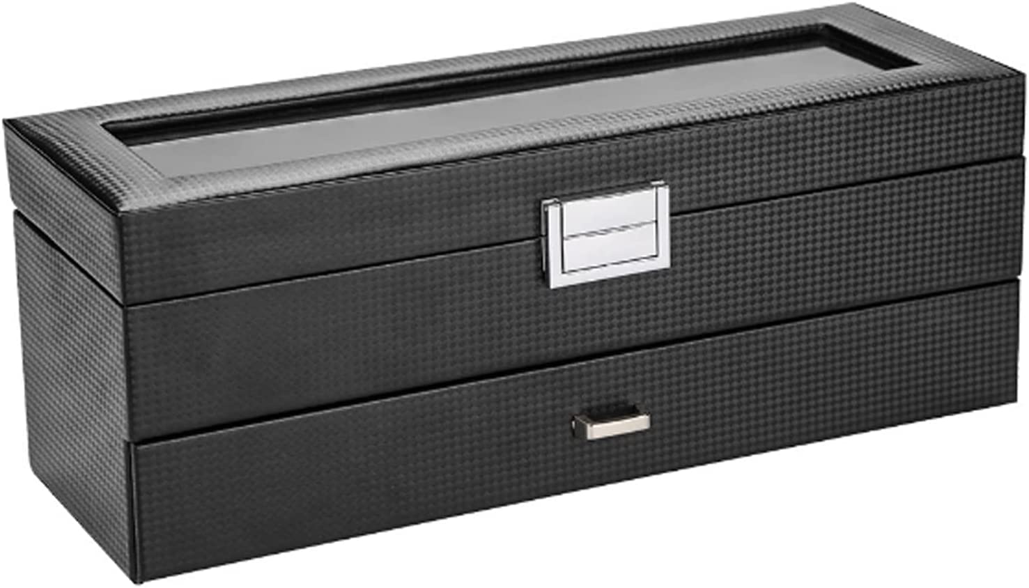 Uhren-Schmuck-Display-Box, doppellagige Kohlefaser-Schublade, Armbänder, Uhrenbox, Vitrine, Organizer mit transparenter Oberseite, Schmuckaufbewahrung, Vitrine für Quarzuhren, Schwarz