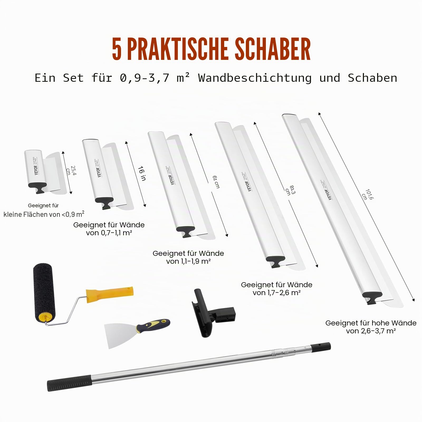 VEVOR Trockenbau-Spachtelklingen-Set, 254/406/610/813/1016 mm Spachtelklingen + 862-2072 mm Verlängerungsgriffstange, Edelstahlmesser, Spachtelwerkzeuge, für Gipskarton/Wandplatten/Gipskartonplatten