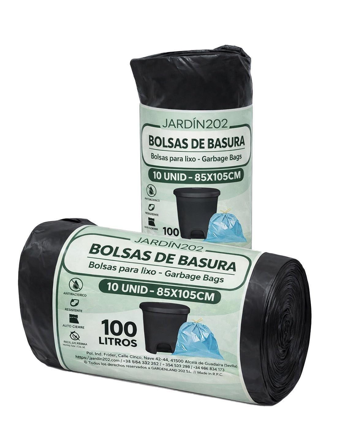 JARDIN202 - Bolsas de Basura 100 Litros Negras 85x105 cm Rollo 10 Unidades Material 100% Reciclado | Uso Comunidad y Profesional | Pack 20 uds