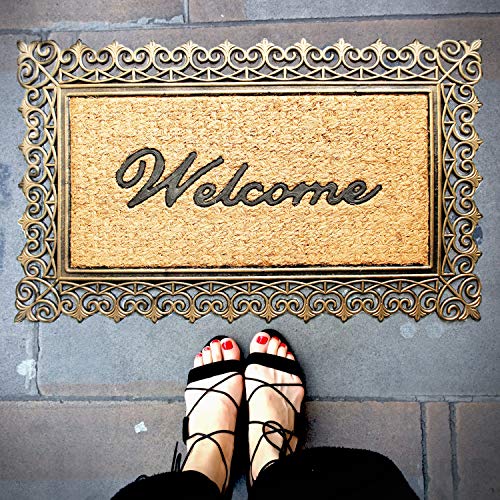 Image of Onlymat Natural Coir Black&Gold Welcome Printed Rectangular Doormat with Attractive Designed Border Long-Lasting,Heavy Duty,Large&Thick Entryway Rug for Indoor&Covered Door Entrances (75 cmX45 cm)