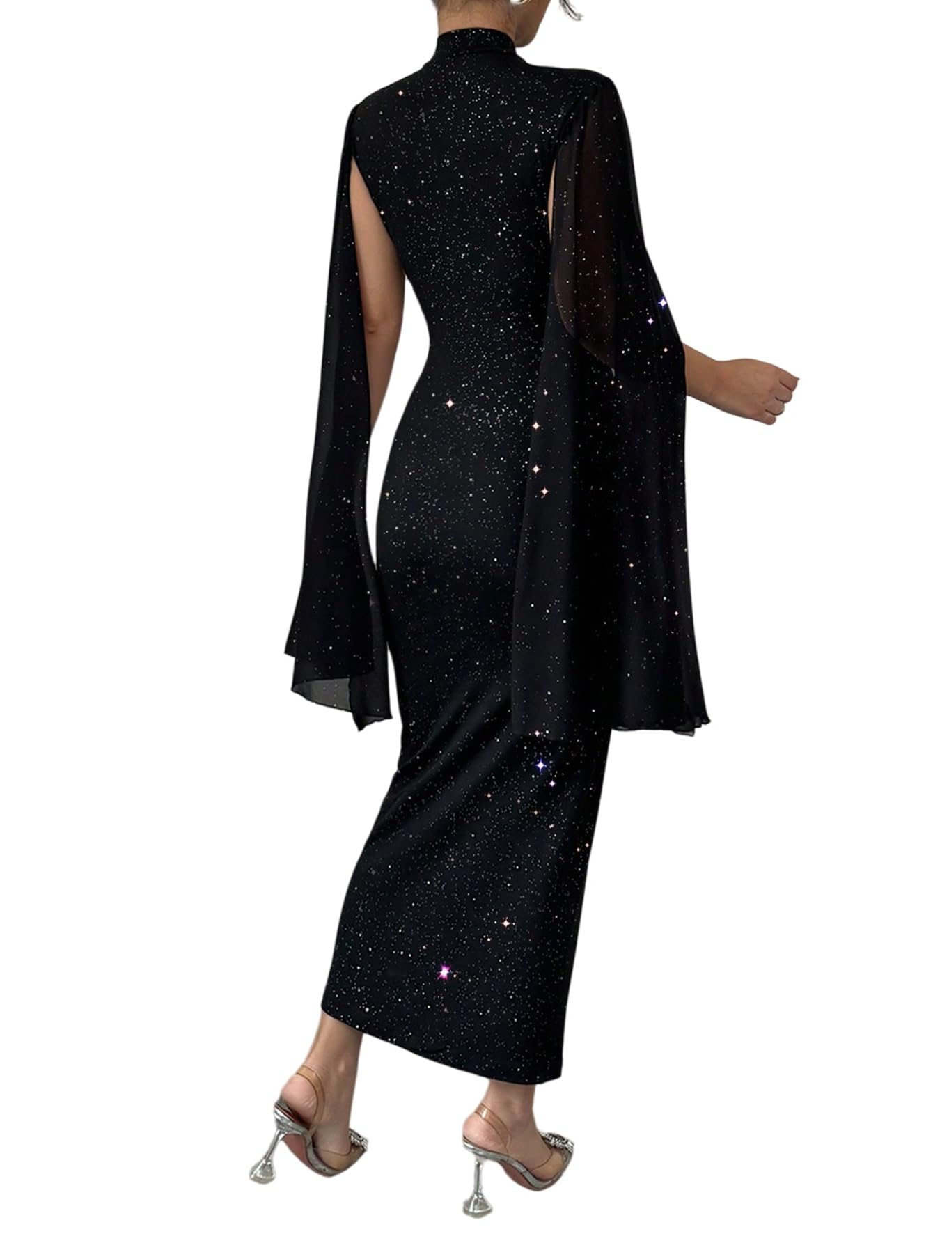 SweatyRocks Pailletten Kleid Damen Party Langarm Kleid Herbstkleid Elegant Maxikleid Mesh Glitzerkleid Lang Party Kleider Abendkleider