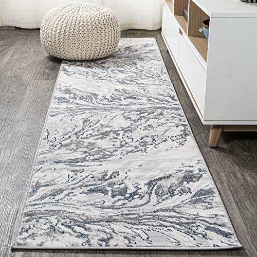 JONATHAN Y Swirl Marbled Gray/Blue Runner Rug 2X8 ft, Abstract for Living Room, Bedroom, Kitchen, Office, Easy-Cleaning, High Traffic, Pet-Friendly, Non-Shedding SOR203B-28