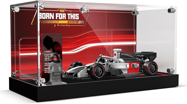 LED Light Acrylic Display Case Compatible with Lego Speed Champions Audi Revolut F1 Team R26 Race Car 77259, USB-C Powered Dustproof Showcase with Backdrop, Ideal Gift for Car Fans Set Not Included