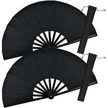2 Pack Large Rave Clack ABS Folding Hand Fan/Traditional Chinese Arts Folding Fans,complimentary Exquisite Fabric Bags for Party, Dance, Performance Decorations and Gifts Black+Black