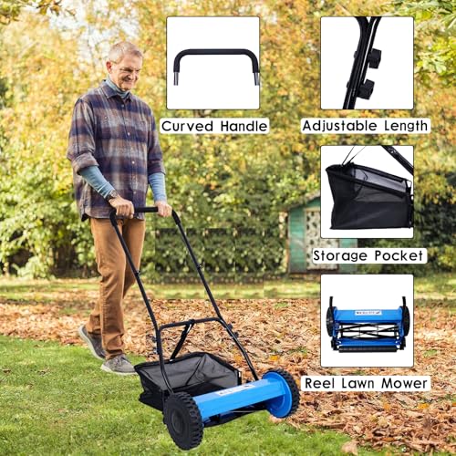 14-Inch 5-Blade Push Reel Lawn Mower with Grass Catcher, BLUE COLOR
