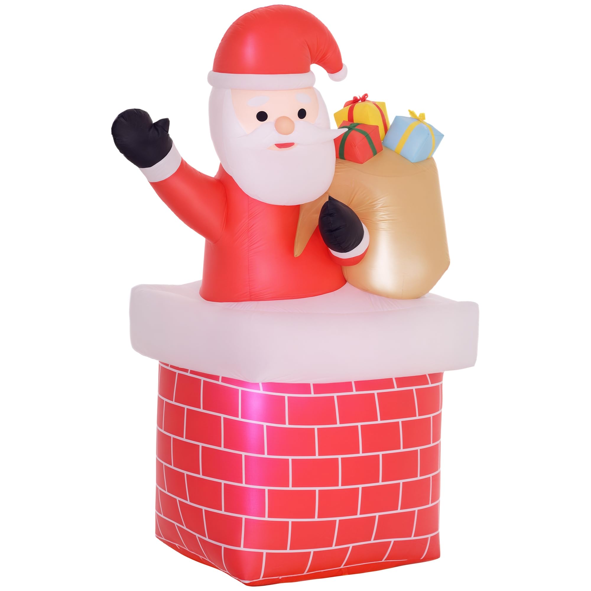 Outsunny Papá Noel Inflable con Bolsa de Regalos Saliendo de una Chimenea Decoración Inflable Navideña con Luces LED para Exterior Rojo