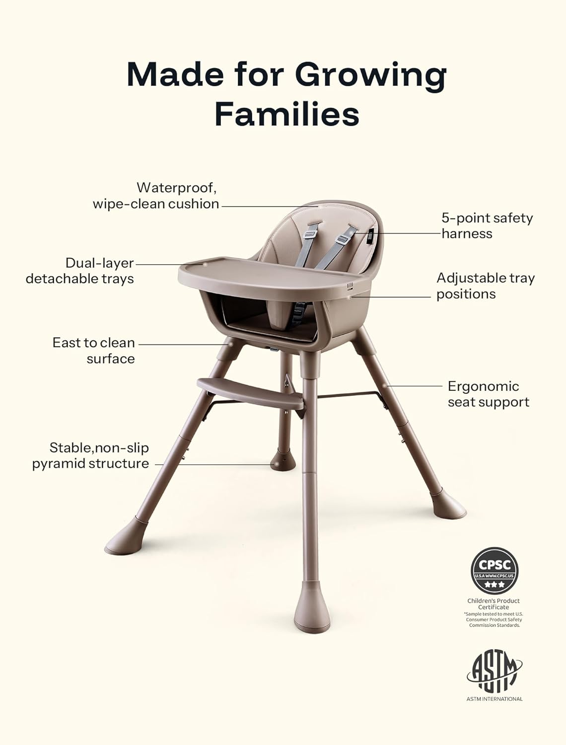 HARPPA 2 in 1 Baby High Chair for Babies and Toddlers, Convertible High Chairs with Removable Double Tray, Waterproof PU Seat Cushion, Anti-Slip Footrest and 5-Point Harness for 6–36 Months, Beige