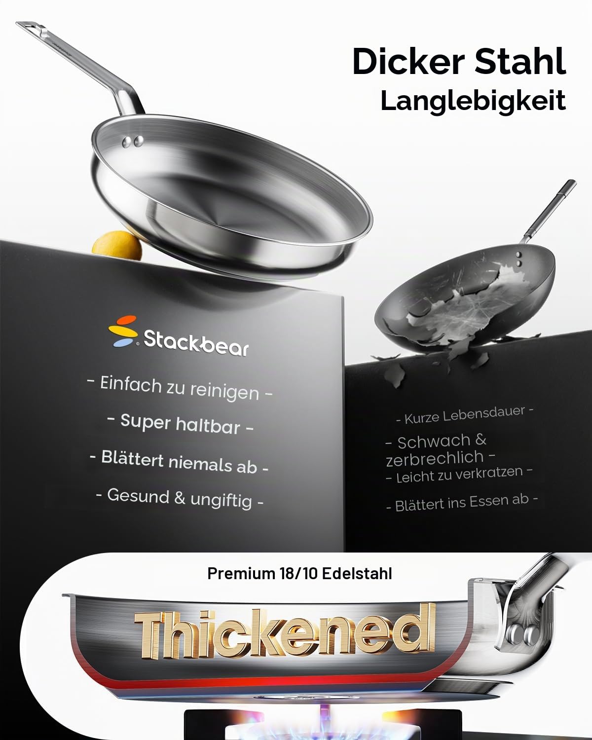 Pfannenset Edelstahl, 4-teilig 20,5/24,5/28,5 cm, Induktion, unbeschichtet