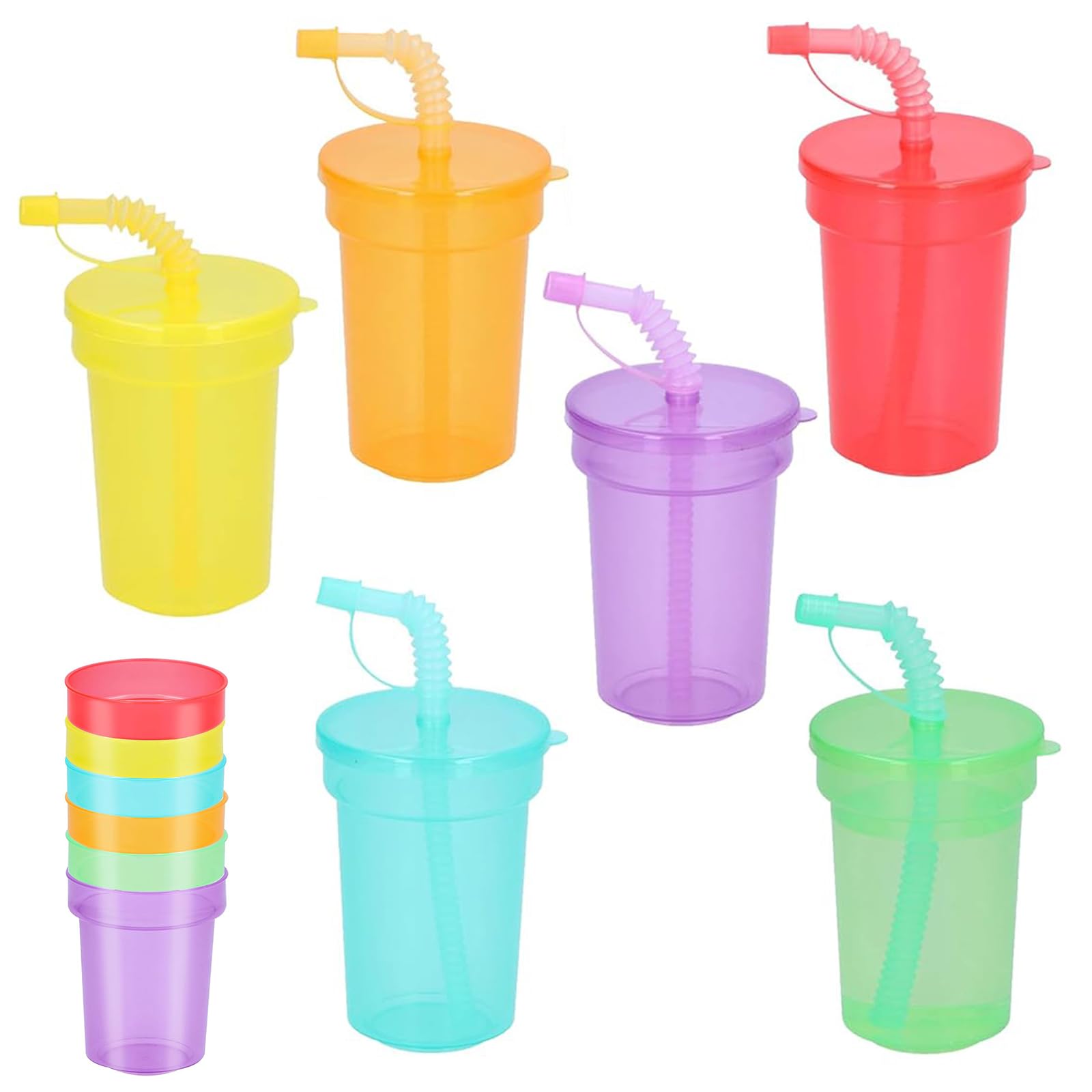 6 Pcs 380ml Kids Plastic Drinking Tumbler Cups, Neon Sipper Cups with Lids & Straw, BPA Free Reusable Childrens Plastic Cup, Iced Water Drinking Cup, Smoothie Cup Travel Mugs for Travel Trip School
