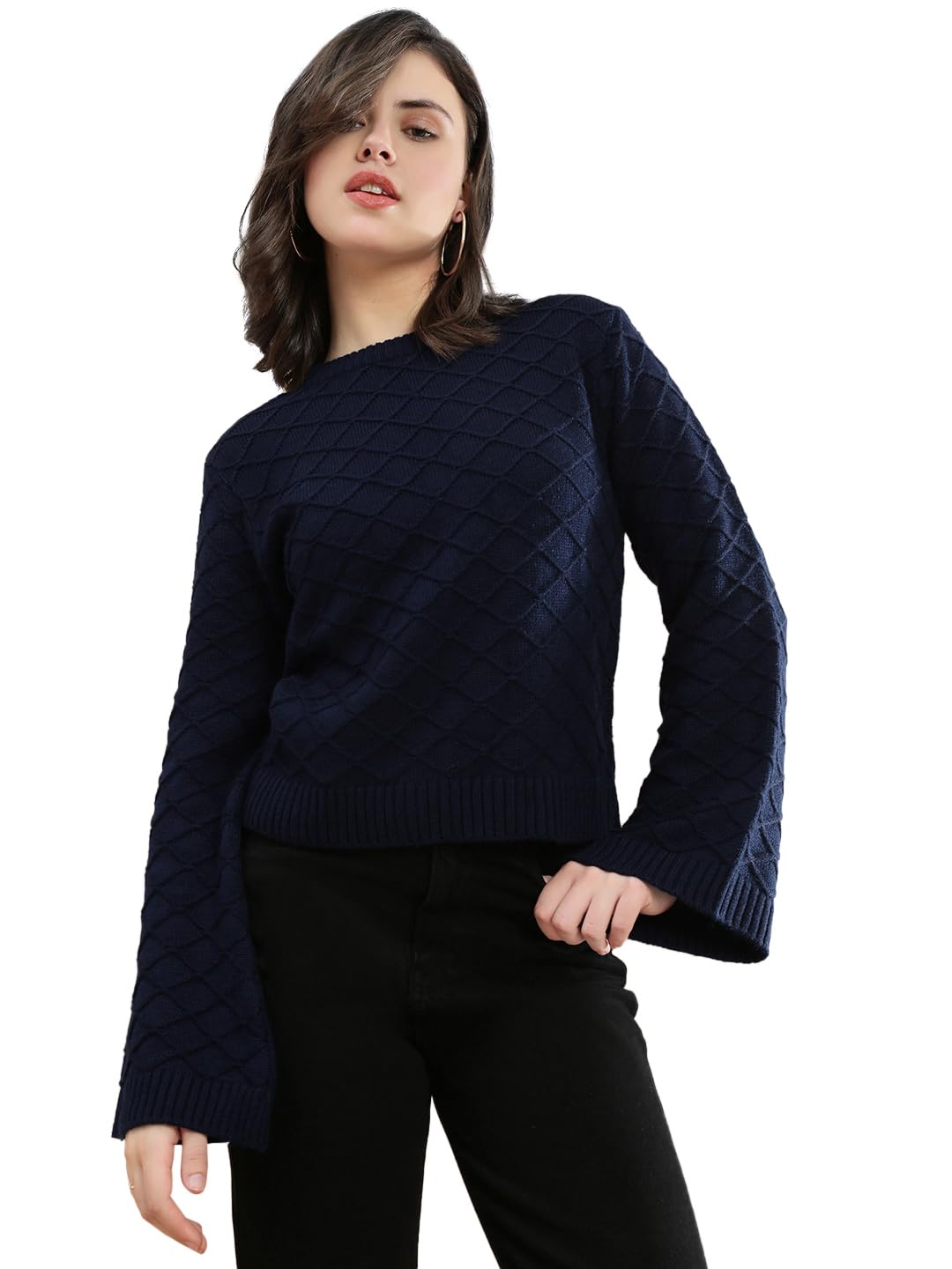Women Round Neck Bell Sleeve Self Design Cable Knitted Ribbed Hem Acrylic Winterwear Pullover Sweater-image-37