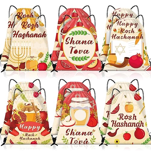 Clysee 12 Pcs Rosh Hashanah Drawstring Backpack Jewish New Year Party Gym Drawstring Bags Sports Draw String Bags for Shana Tova Happy Rosh Hashanah Party Candy Treat Bag, 6 Styles