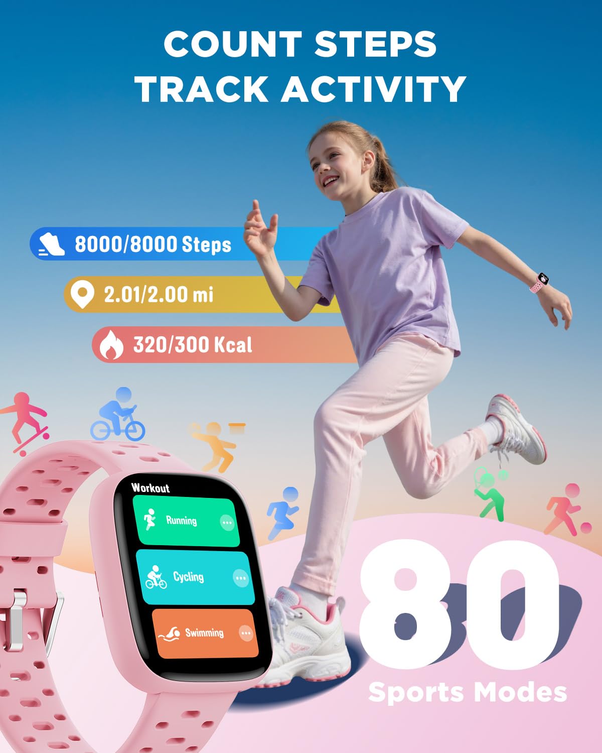 BIGGERFIVE Inteligentny zegarek dla dzieci, 1,8" Amoled Bransoletka aktywności | Krokomierz, tętno, wodoodporny 30m, monitor snu, budzik, gry z/bez aplikacji, różowy