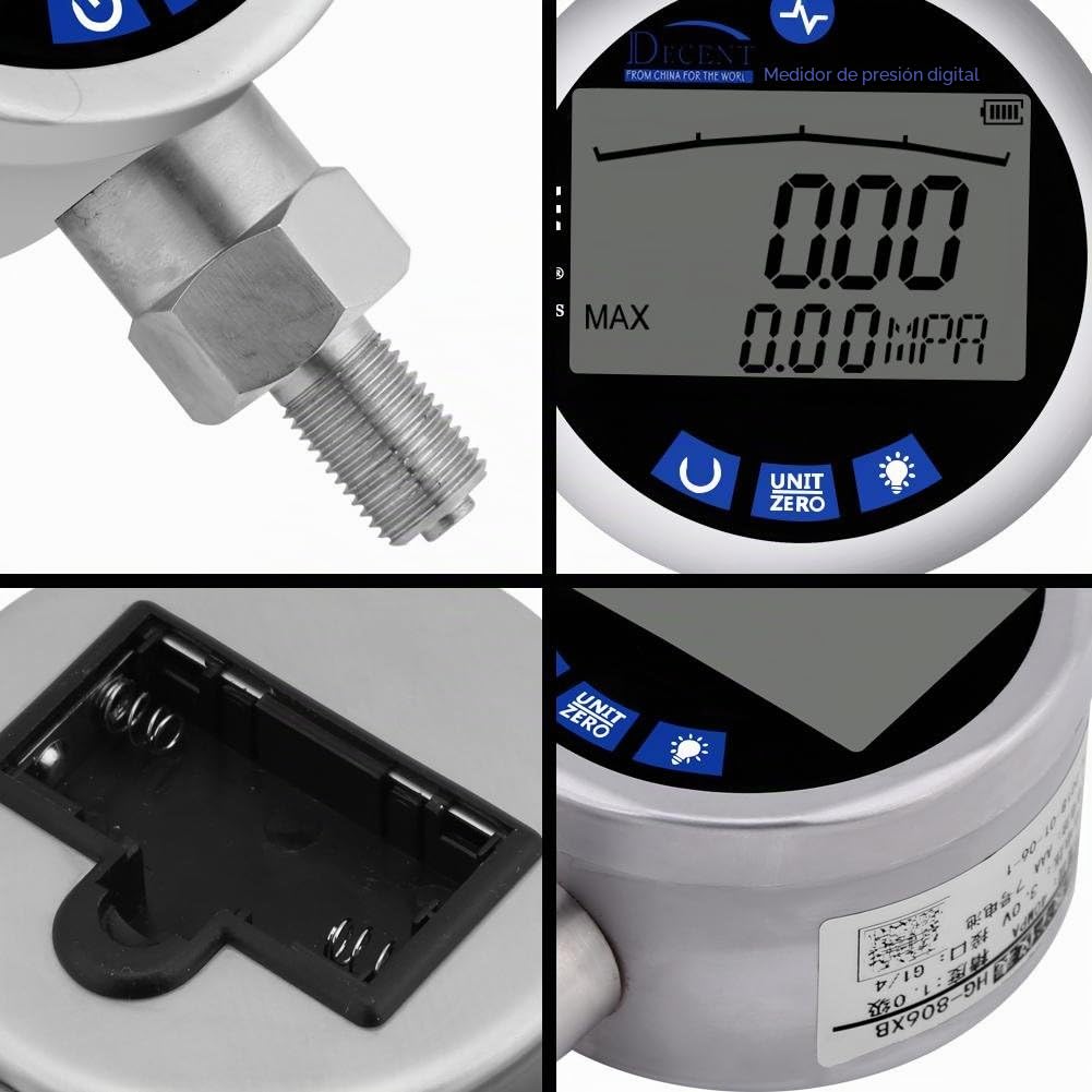 Manómetro Hidráulico Digital, 400 Bar Manómetro Digital de Acero Inoxidable con Conector G1/4, Manometro Presion con Pantalla LCD Iluminada, Portátil Vacuometro, para Agua, Gas y Aceite