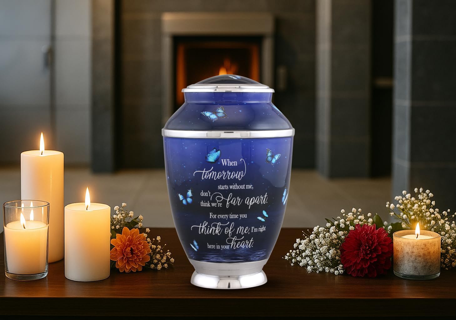 Midnight Blue Monarch Butterflies Cremation Urn – Adult Funeral Urn for Human Ashes – Metal Memorial Urn Holds Ashes Up to 200 lbs – Elegant Butterfly Tribute for Men and Women (Large)