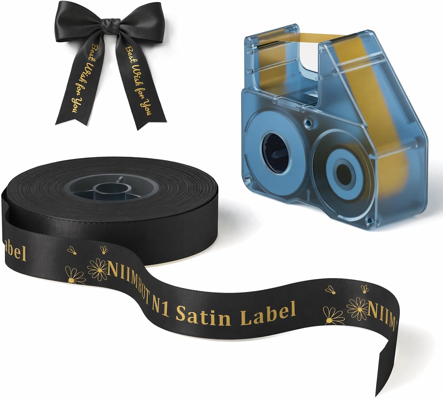 NIIMBOT N1 Satin Ribbon Label, 14mmx5.1m, Gold on Black Ribbon