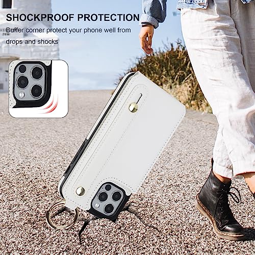 Folosu for iPhone 12/12 Pro Wallet Case with Card Holder, Hand Wrist Strap Loop Holder Kickstand, RFID Blocking Finger Grip Ring PU Leather Double Buttons Shockproof Cover 6.1 Inch (White) by Folosu - Image 7