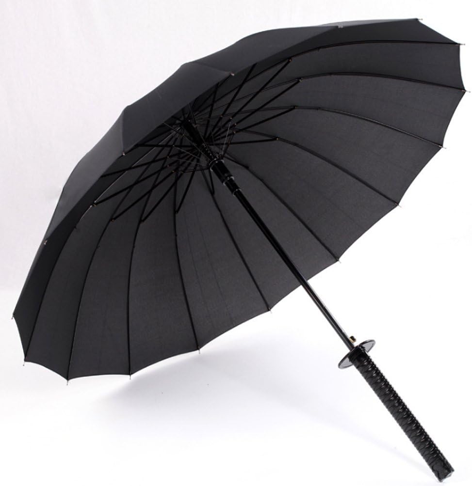 Long Handle Samurai Sword Katana Handle Umbrella Semi-Automatic Pongee Rain Sun Umbrella with 16 Ribs, Black