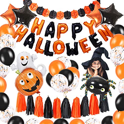 Happy Halloween Deko Set 49 Pack Halloween Dekoration für Party, Grusel Dekoration Set, Halloween Ballons, Spinne, Kürbis Ghost Folienballon, Quaste, Konfetti-Ballon, Halloween Party für Kinder Décor Cover