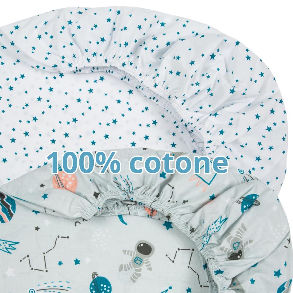 FlyIdeas Set 2 Lenzuola con Angoli per Culla 90x50 cm – 100% Cotone Morbido e Traspirante, Adatte a Culle Co-Sleeping e Materassi 50x90 / 55x90 cm