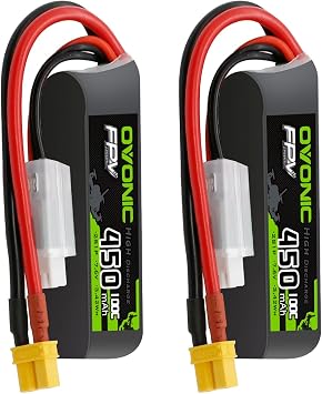 OVONIC 7.6V 100C 450mAh 2S Lipo Battery Long Size with XT30 Plug [1 Package Including 2 Batteries]