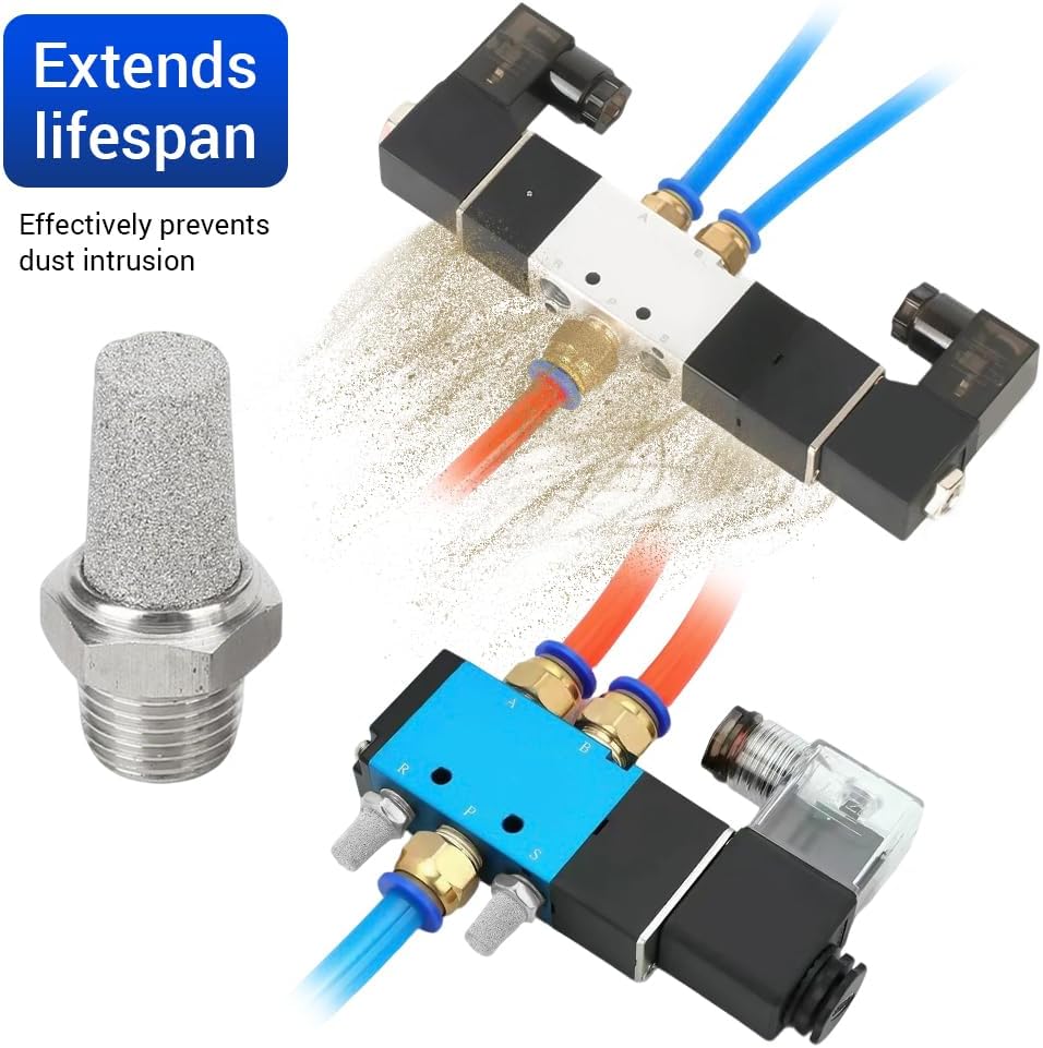 5Pcs Air Pneumatic Mufflers, NPT1/4" Male Thread 304 Stainless Steel Long Sintered Silencer Fitting for Industrial Grade Air Compressor Tools, Automotive Workshop