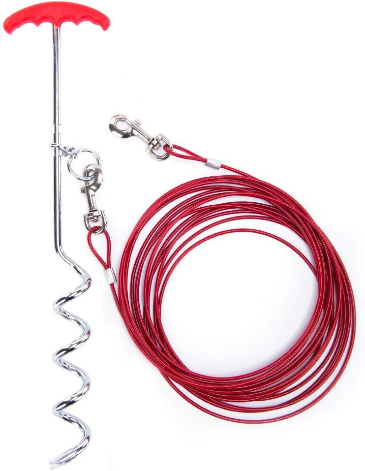 Dog Tie Out Cable and Stake 25 ft Outdoor, Yard and Camping, for Small to Medium Dogs Up to 60 lbs, 16" Stake, 25 ft Cable