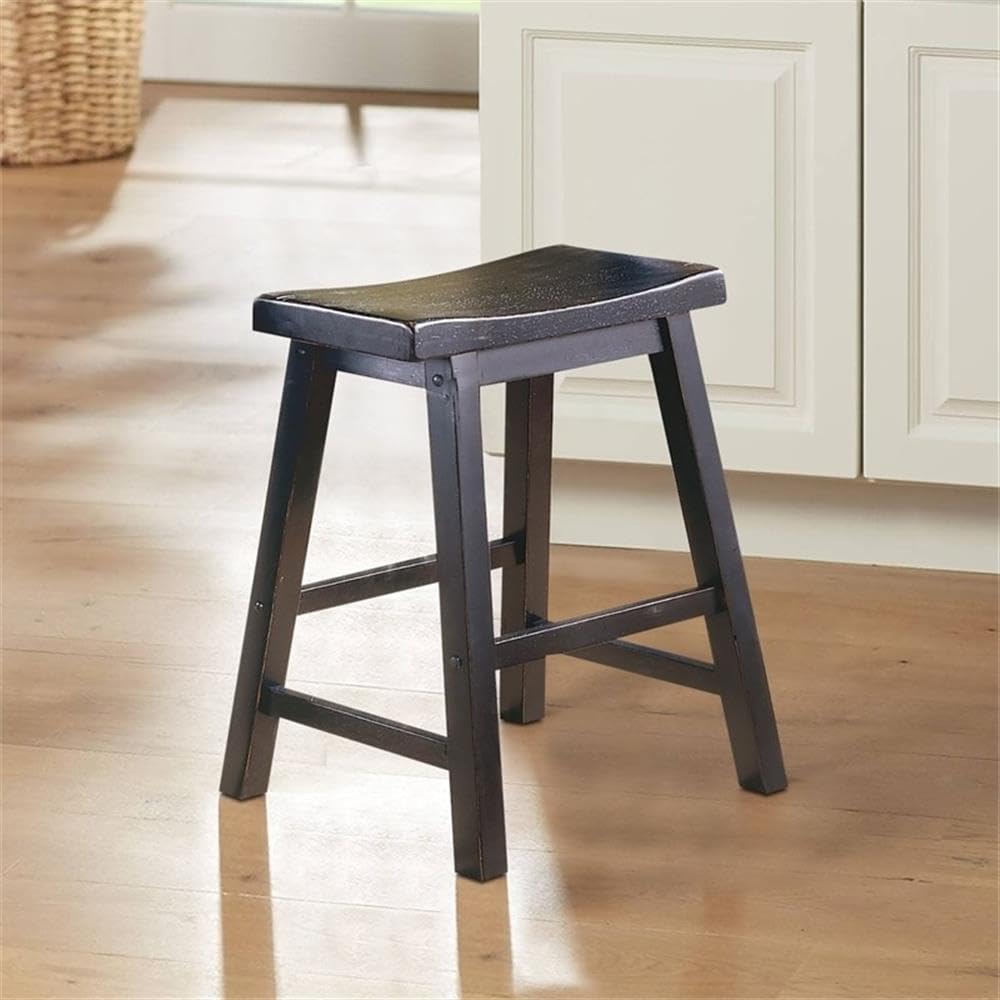 Pemberly Row 18" Solid Wood Saddle Stools for Dining Room, Farmhouse Backless Chair for Small Kitchen Spaces, Black, Set of 2