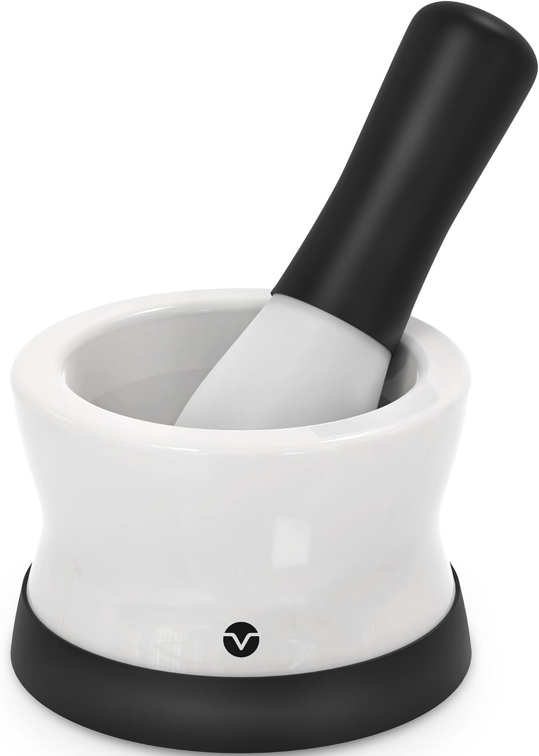 Vremi Mortar and Pestle Set - Ceramic Porcelain with Silicone Base and Grip - Dishwasher Safe Herb Spice Grinder Guacamole Salsa Maker - Apothecary Pharmacy Grade Nonporous Kitchen Tool - White Black