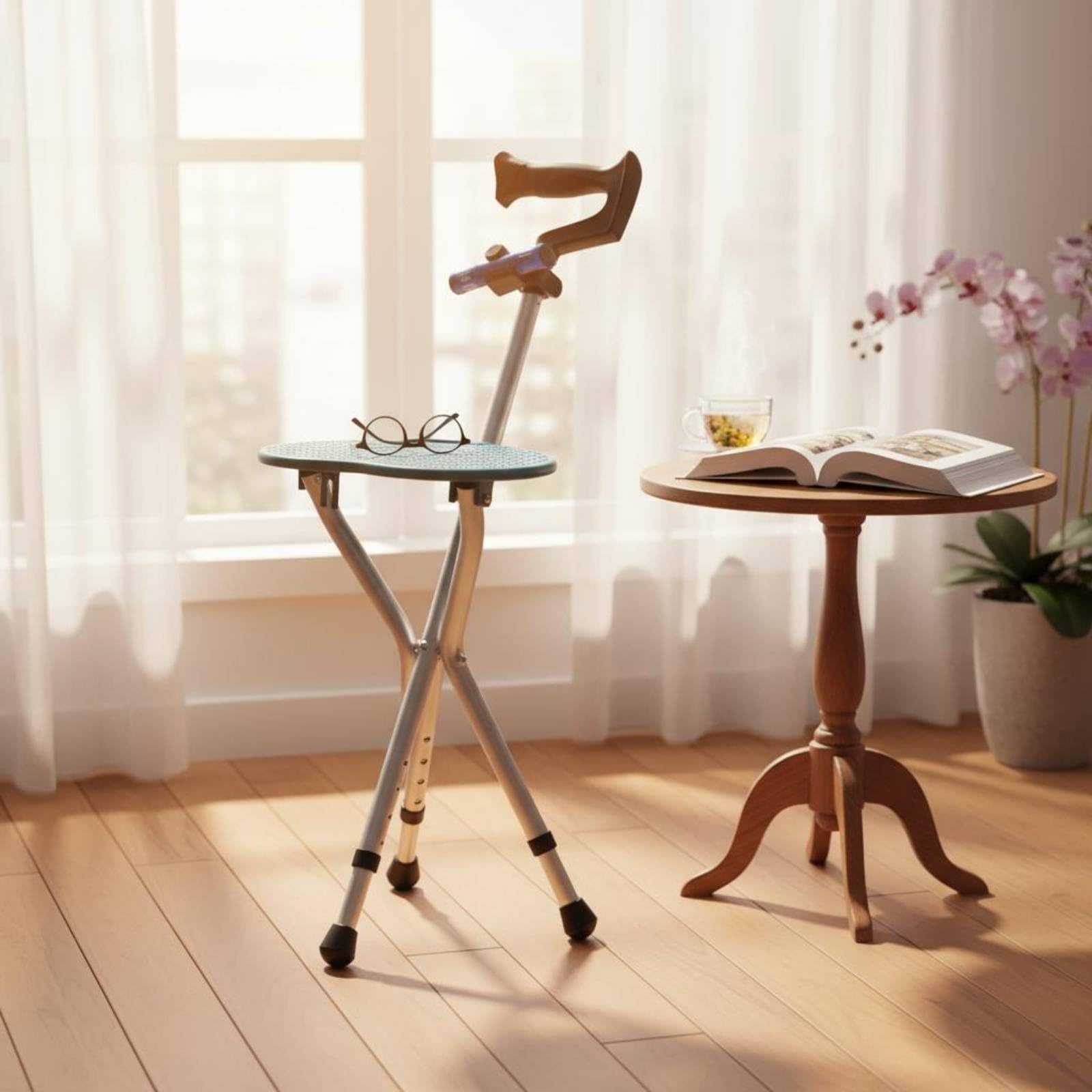 Siège de Soutien Pliant Canne de Marche Tabouret Siège Pliable Appui Ergonomique Réglable Trépied Renforcé Embouts Antiglisse Aluminium Léger Facile à Transporter Adapté aux Sorties Attente