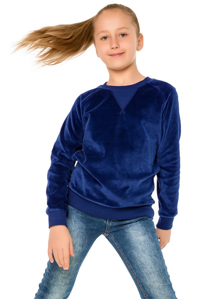 Winkiki Kinder Mädchen Velours Trainingsanzug Jogginganzug Sportanzug, in zwei Farben Rosa und Dunkel blau, Größe 140-164 (Dunkel blau, 152)