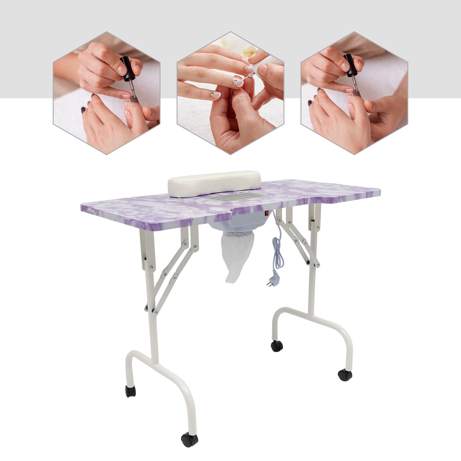 Stół do manicure z odsysaniem, składany stolik do manicure, przenośny stół do manicure z 4 rolkami, worek na kurz, torba do przenoszenia, do studia paznokci, do użytku domowego, fioletowy