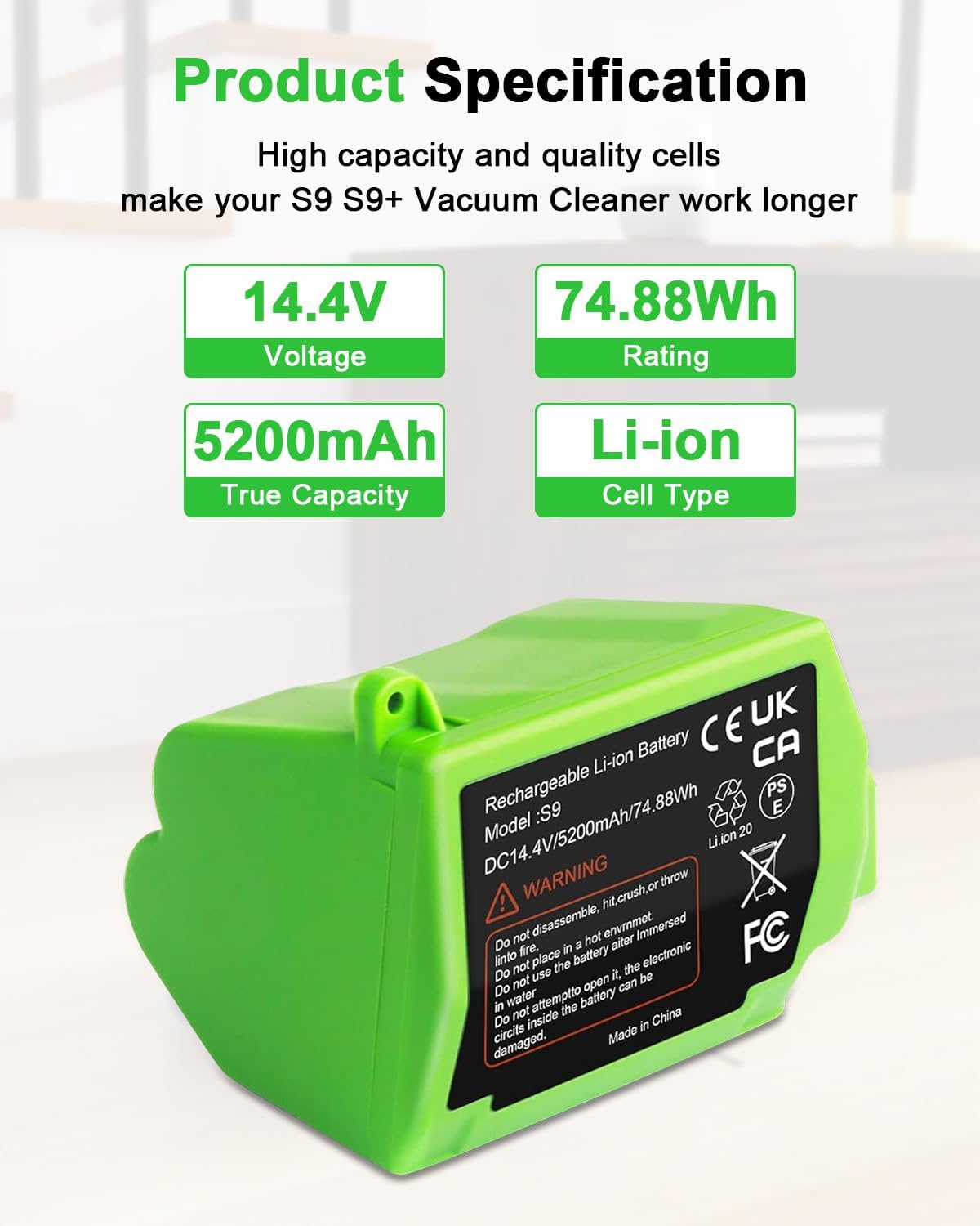Battery Compatible with iRobot Roomba S9 9150 9550 S9550 S9 Plus S955020 S955880 ABL-B Vacuum 14.4V 5200mAh Battery Sweeper Rechargeable Li-ion Battery 4INR19/65-2 74.88Wh