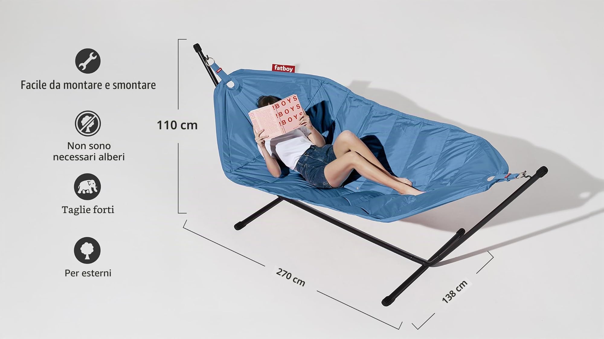 Fatboy® Headdemock Amaca da esterno con supporto per giardino, terrazzo blu - Amaca dondolo matrimoniale per 2 persone - 270 x 138 cm