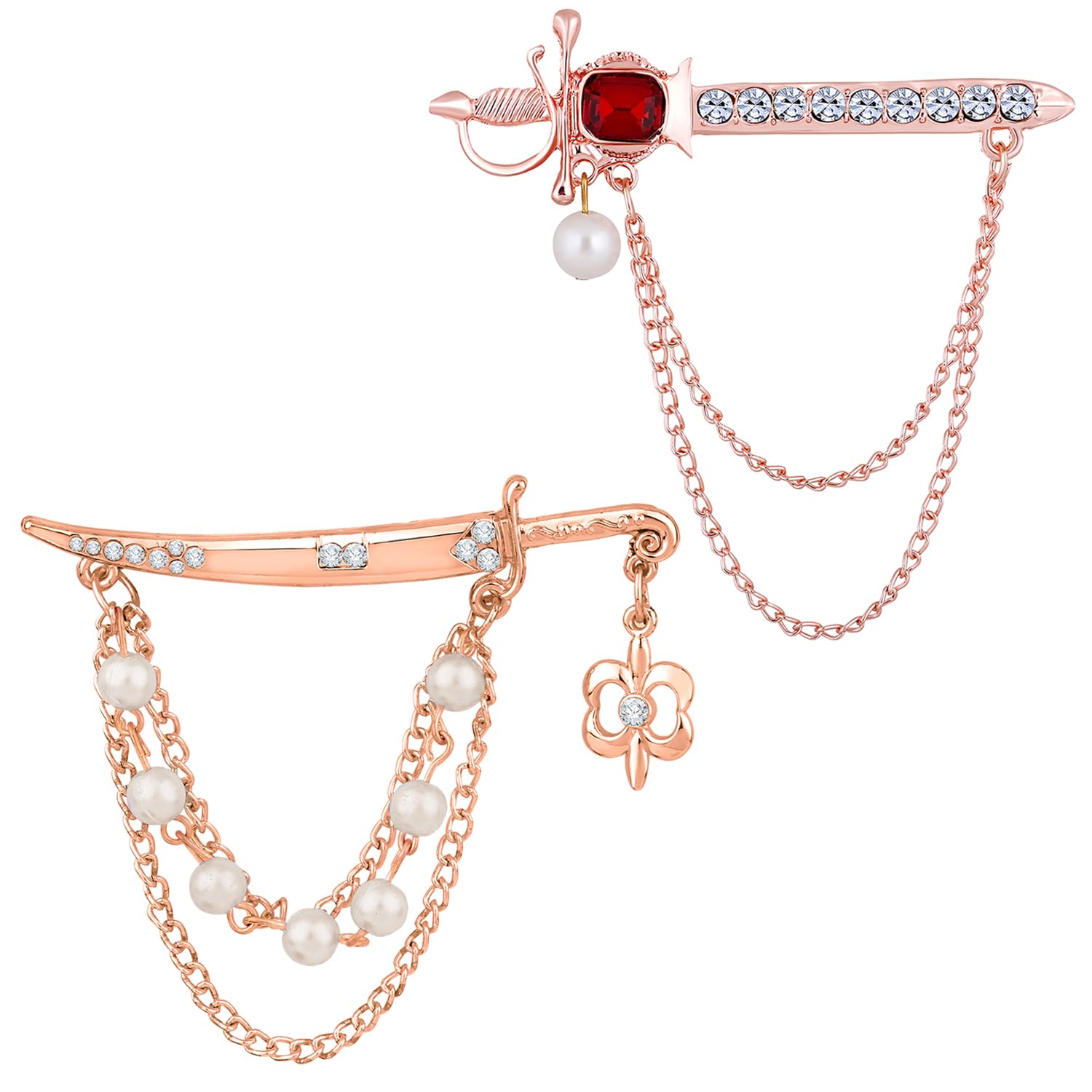 mahi Combo of 2 Sword-Shaped Layered Chain Wedding Shervani Brooch for Men (CO1105656Z)-picture-22