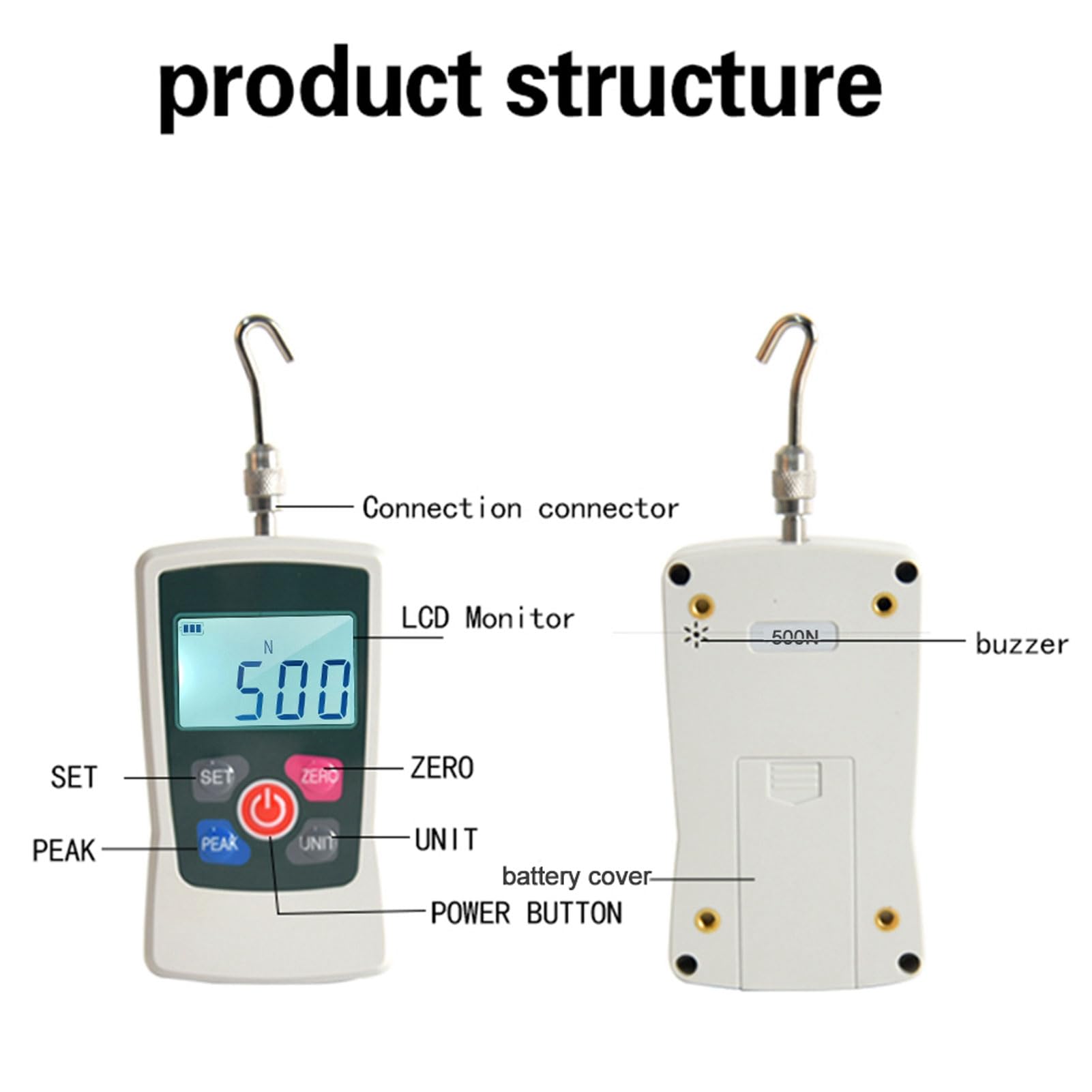 Digital Force Gauges, Push Pull Meter, 500N Portable Handheld with Unit Switching Backlit Screen Auto Shutdown